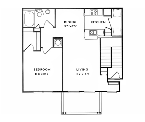 Floor plan for 1 bed, 1 bath, 897 sqft